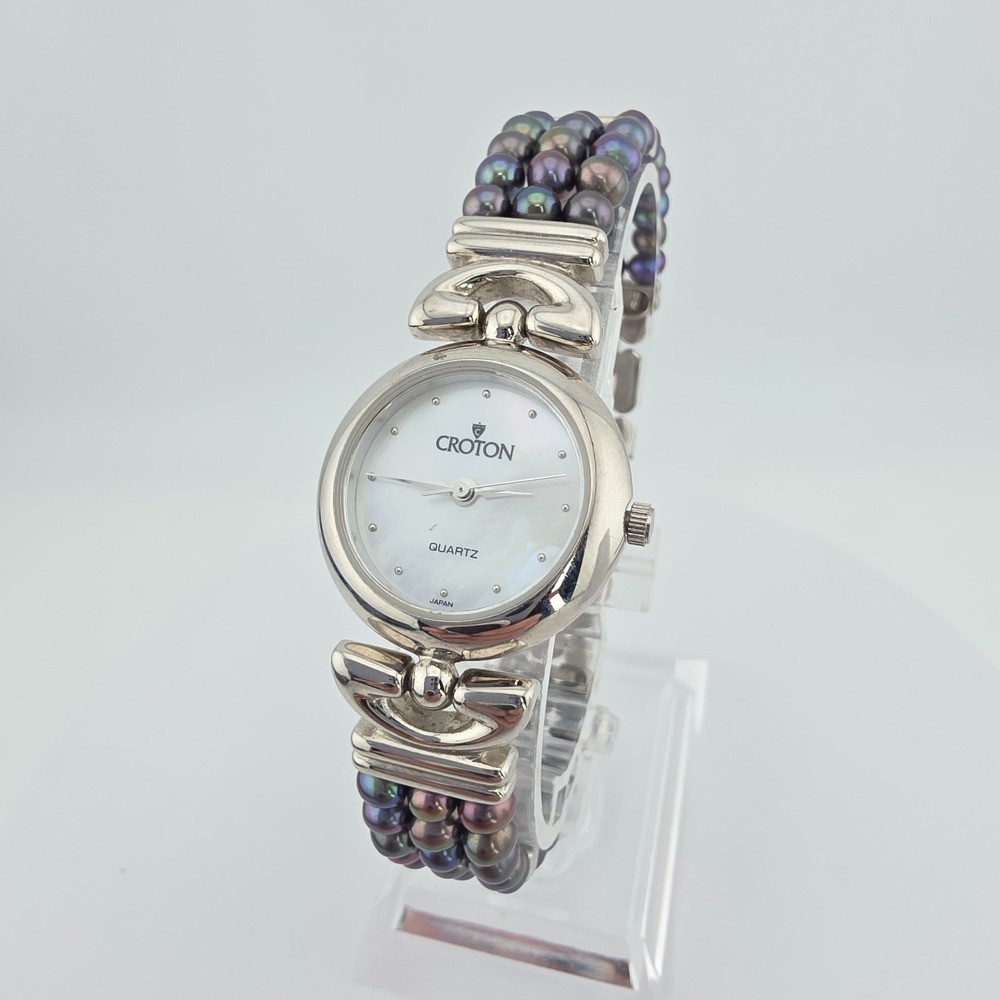Vintage CROTON Ladies Watch Black Purple Tahitian Pearls 3 Strand Bracelet 7"